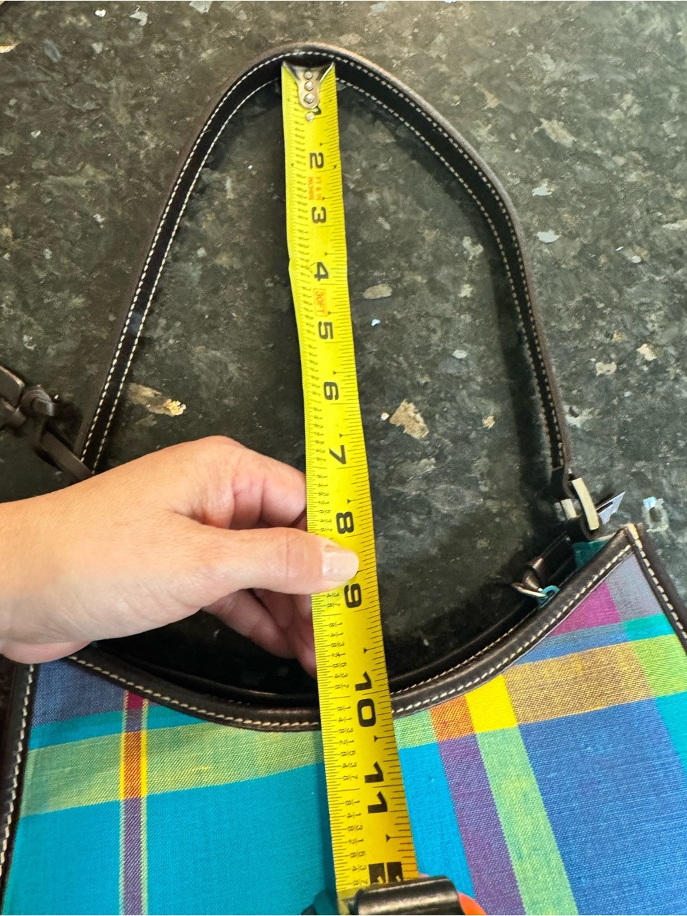Lauren Ralph Lauren Teal Plaid Shoulder Bag with leather Trim - Picture 9 of 16